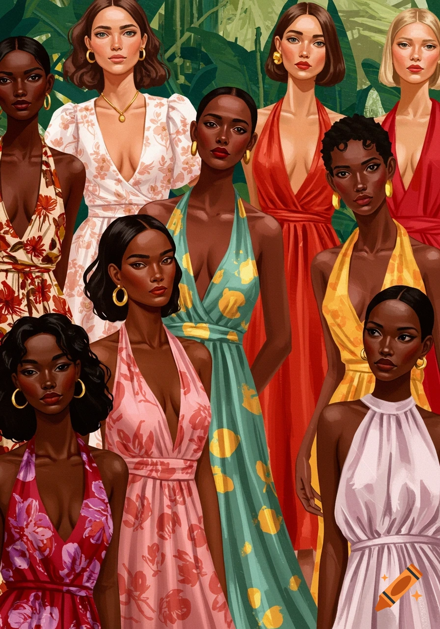 Several women in colorful dresses with plunging necklines in a tropical background.
