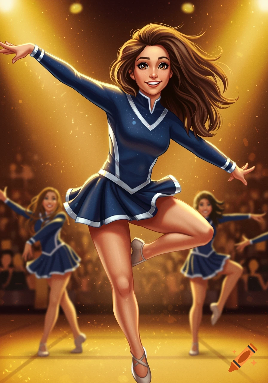 A young woman in a blue dance uniform is captured mid-leap on a stage, with other dancers visible in the background.