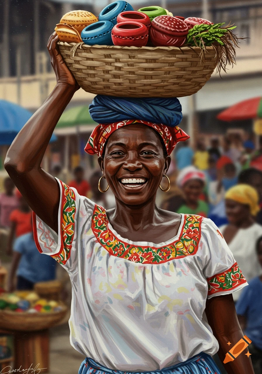 Smiling woman in traditional clothes carrying a basket on her head in a market.