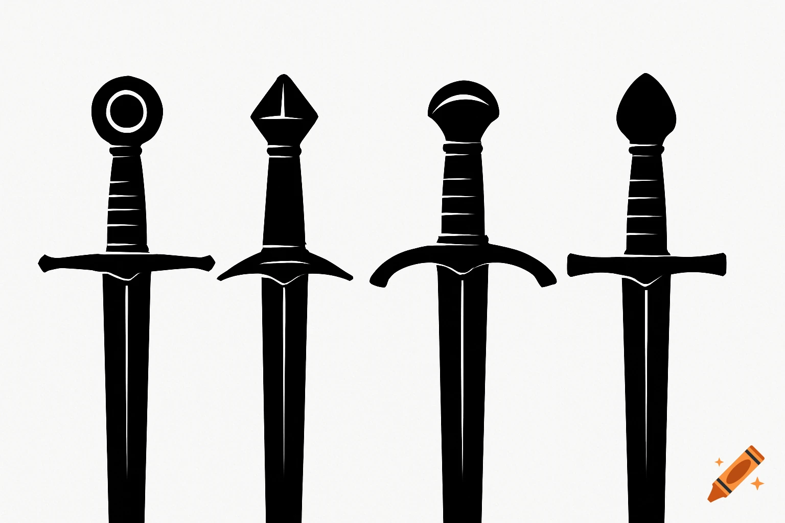 Four black medieval sword hilts in silhouette style on a white background.