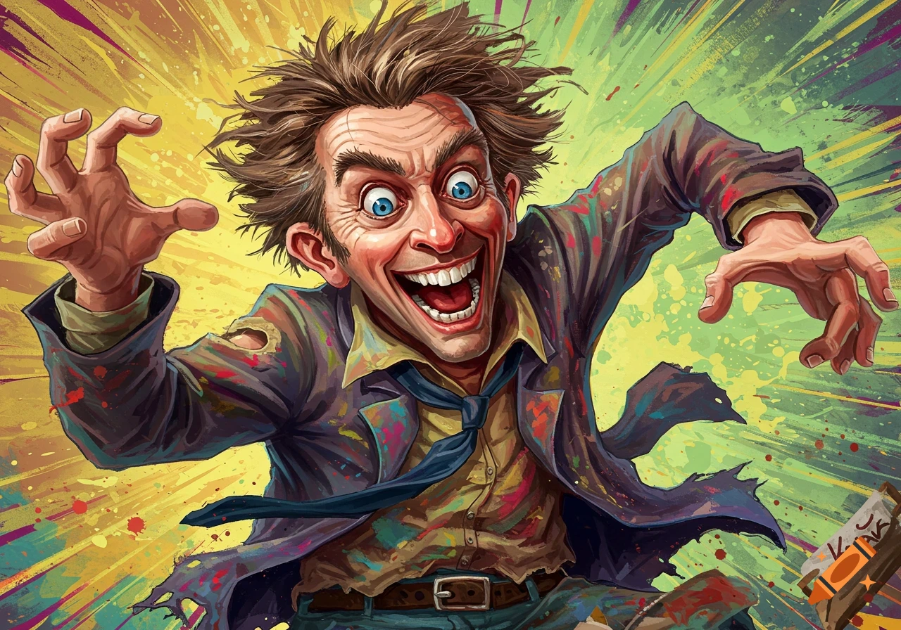 A wild-eyed, laughing man with crazy hair is reaching forward.