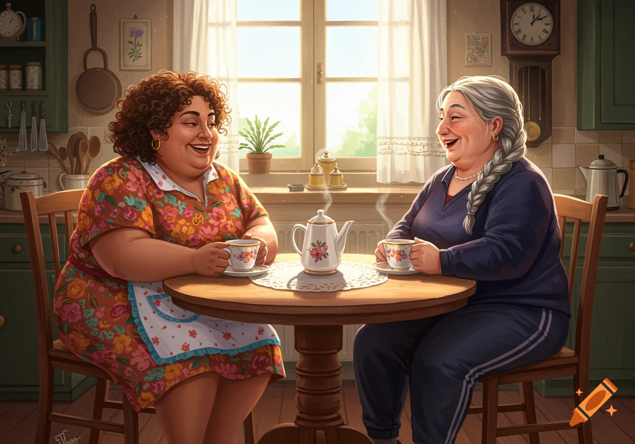 Two women laughing while having tea at a kitchen table.
