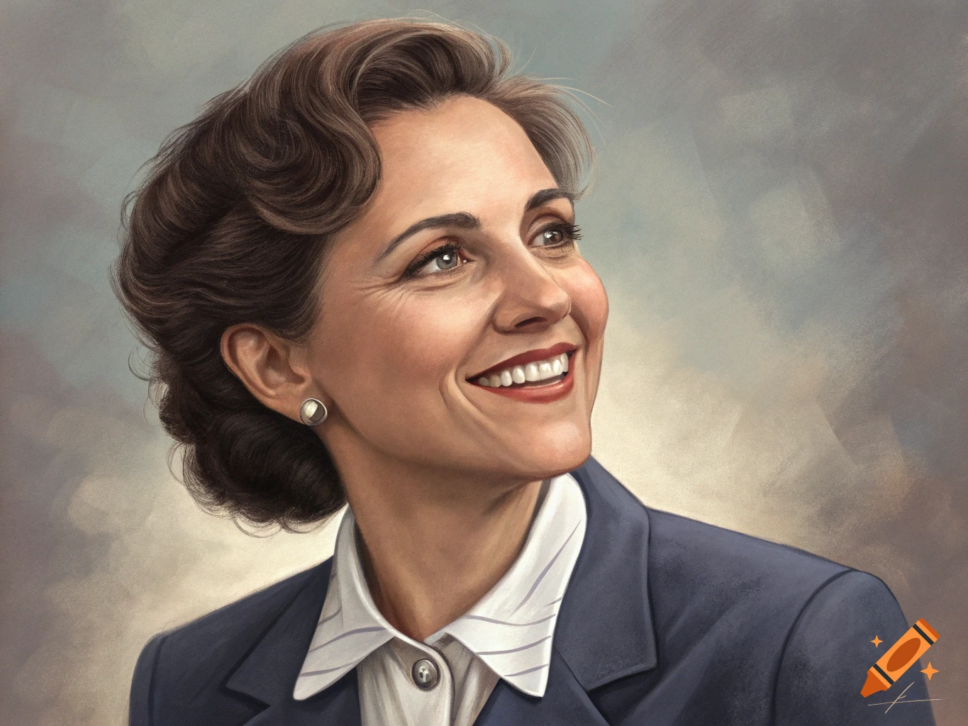 Portrait of a smiling woman in a suit looking up and away.