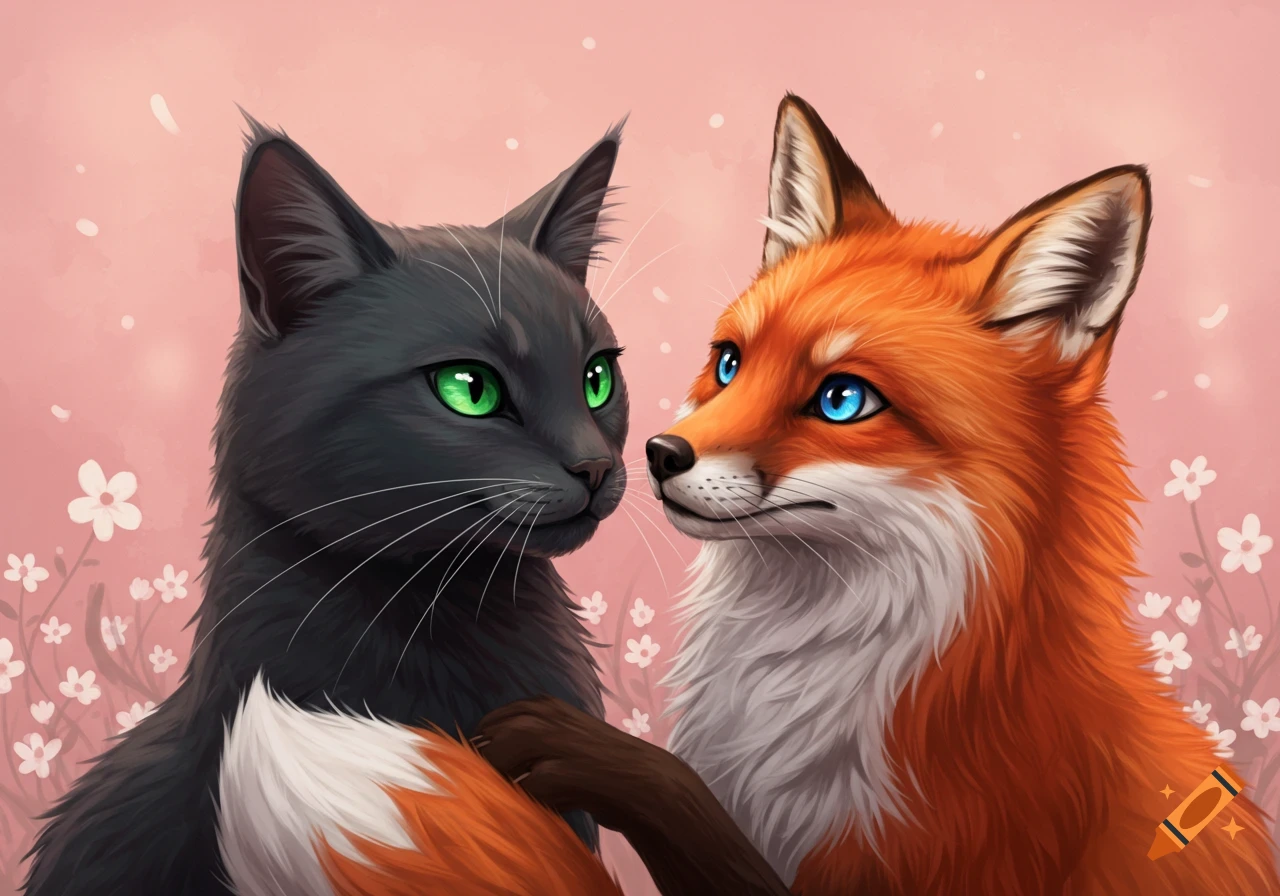 A black cat and an orange fox looking at each other, against a pink background with flowers.