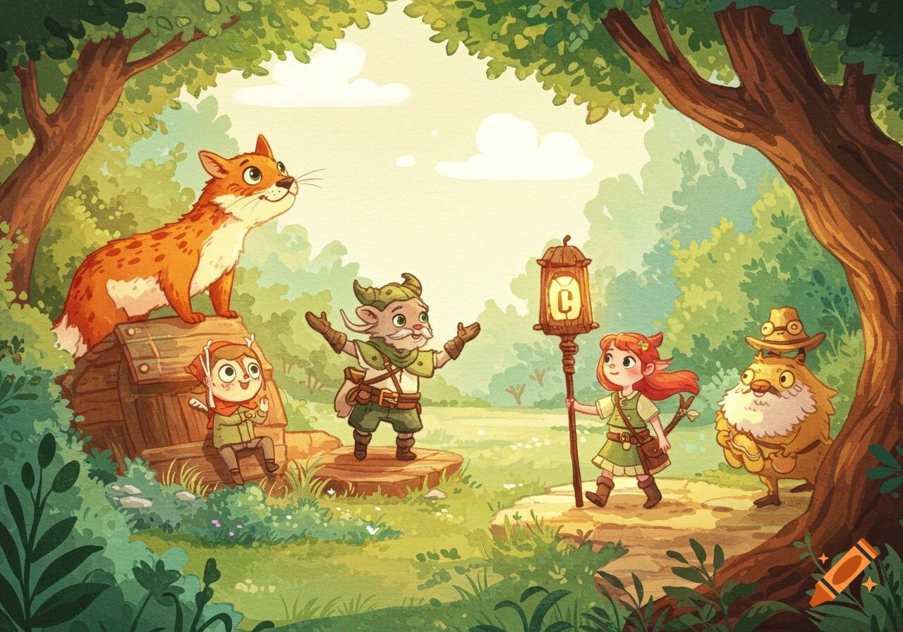 Cartoon fantasy characters and a fox gather in a sunlit forest, watercolor style.