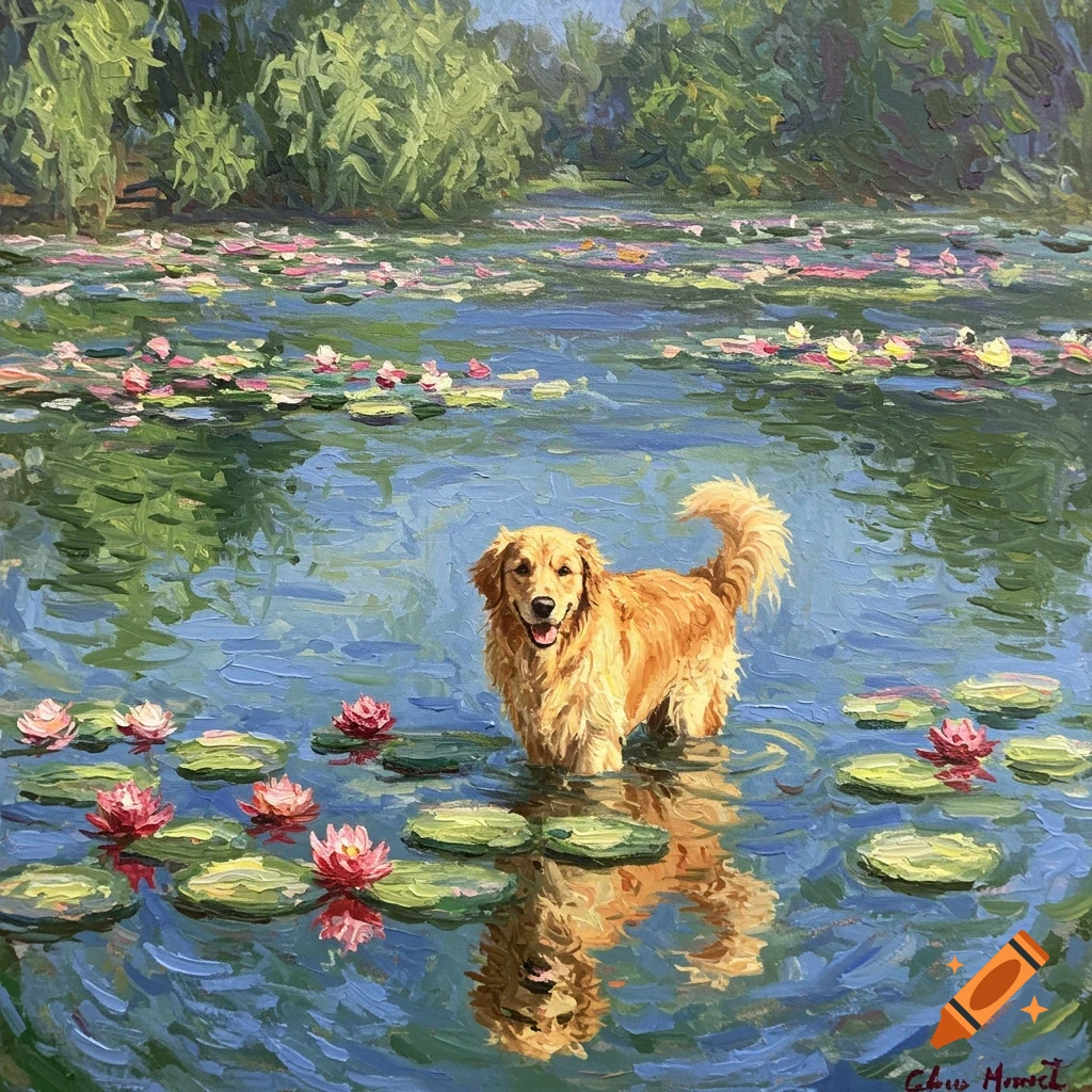 A golden retriever stands in a water lily pond, painted in a style similar to Monet.