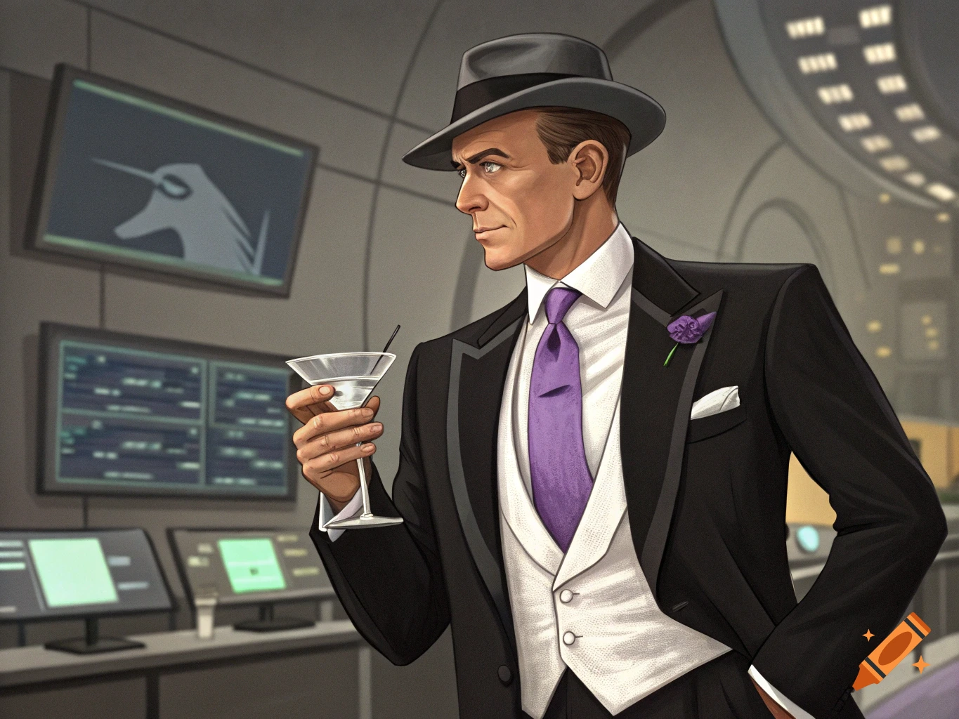 Illustration of a man in a suit and fedora holding a martini, standing in front of computer screens.