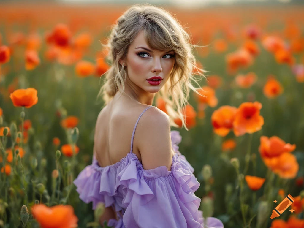 Photorealistic portrait of a woman in a purple dress looking over her shoulder in a field of orange poppies.