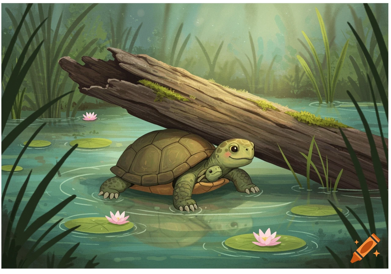 A mother turtle and baby under a log in a pond with water lilies.