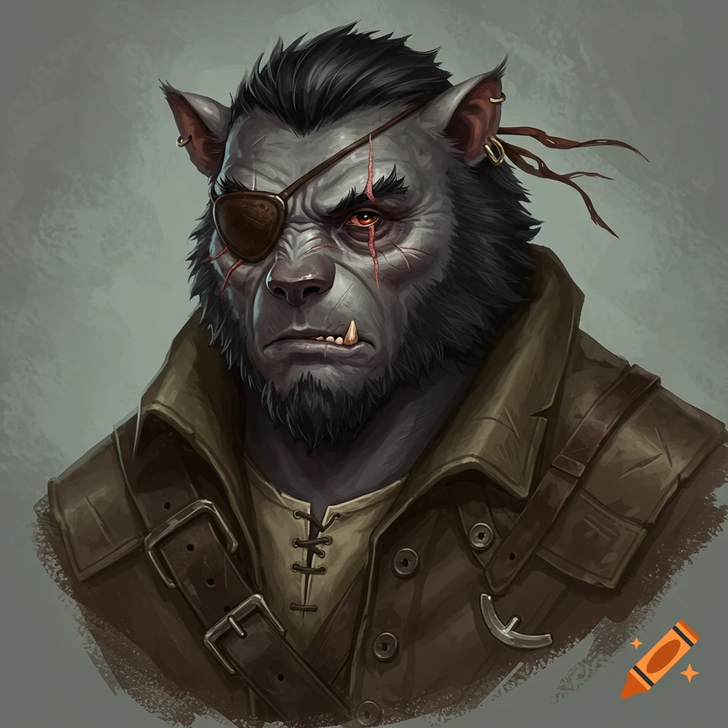 Portrait of a scarred, furry fantasy creature wearing an eyepatch and jacket.