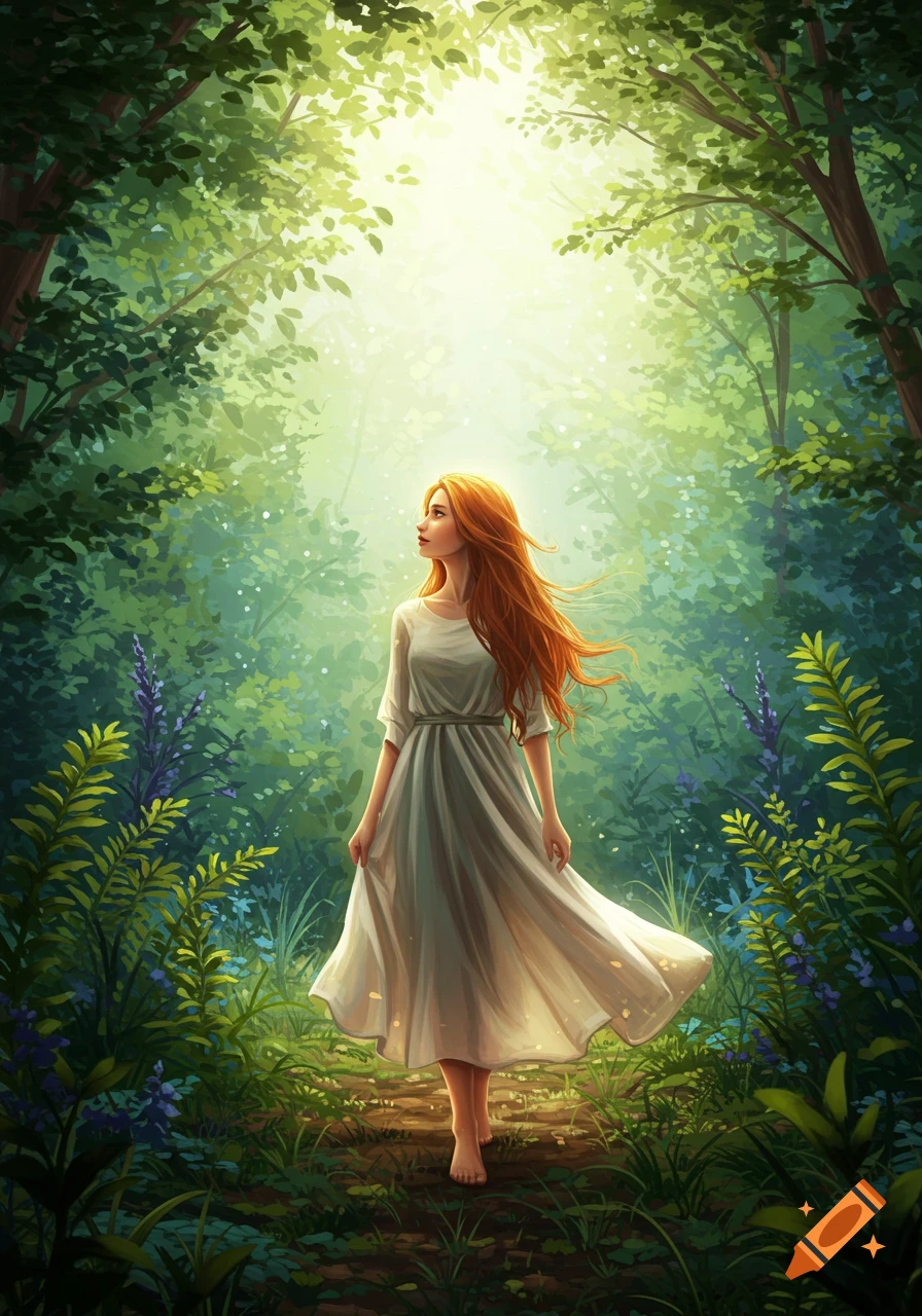 A woman with long red hair in a white dress walks barefoot through a sunlit forest.