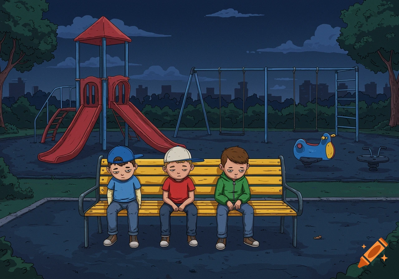 Three bored boys sit on a yellow bench in a cartoon playground at twilight.