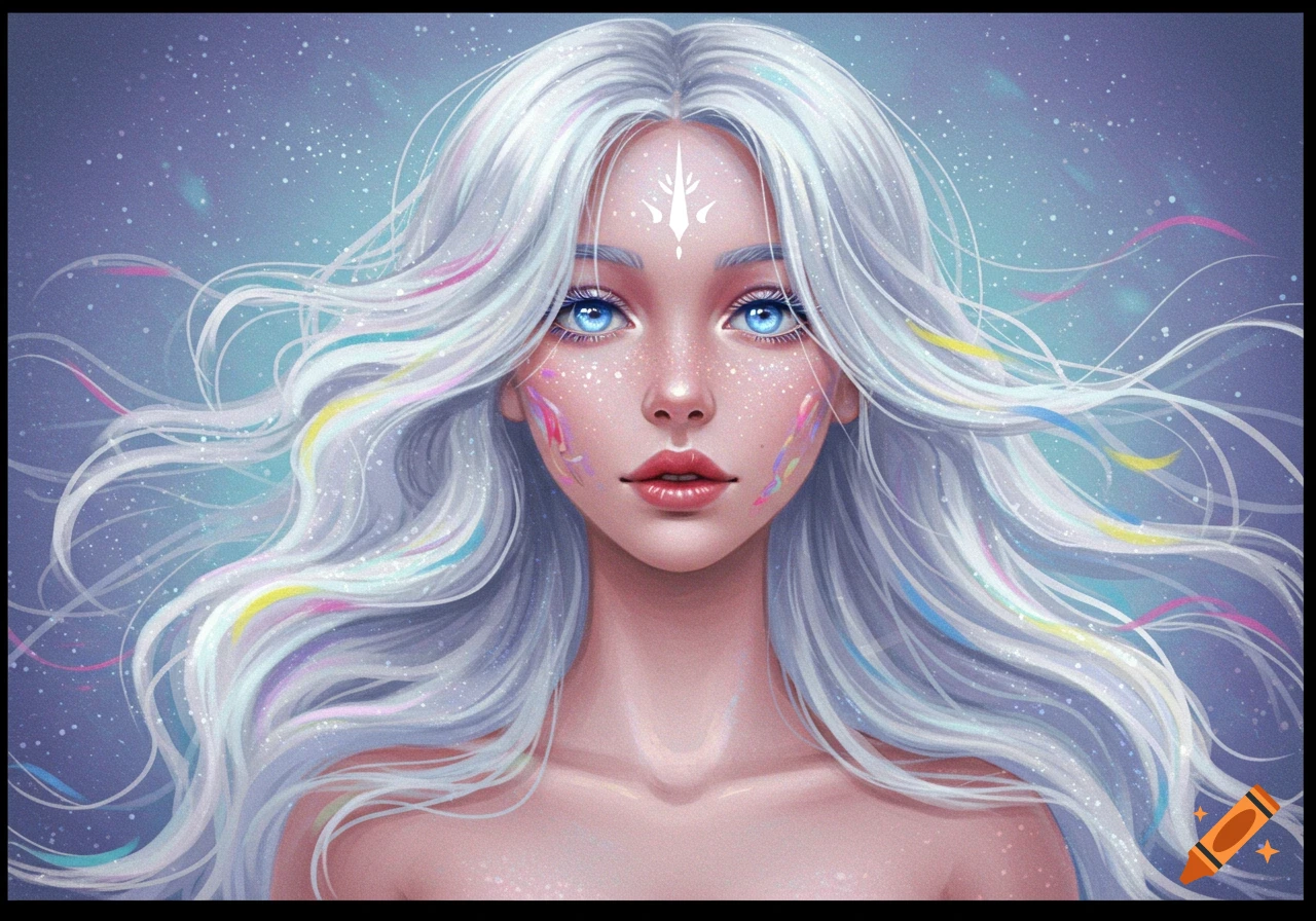 Portrait of a fantasy woman with white hair, blue eyes, sparkles, and colorful streaks.