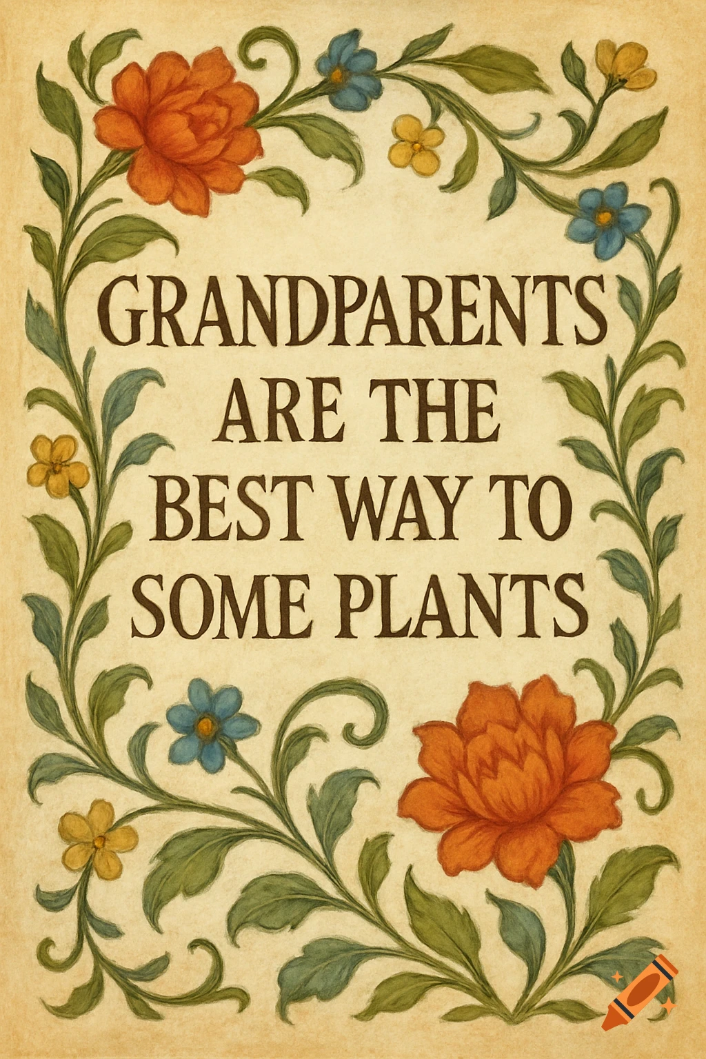 A floral border surrounds the quote "GRANDPARENTS ARE THE BEST WAY TO SOME PLANTS".