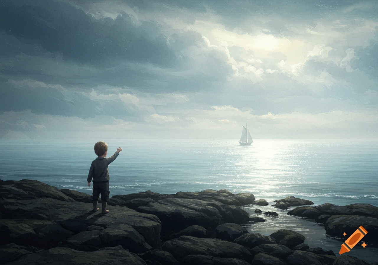 A boy stands on a dark, rocky shore looking out at a distant sailboat on a bright, misty sea under a cloudy sky. Painterly style.