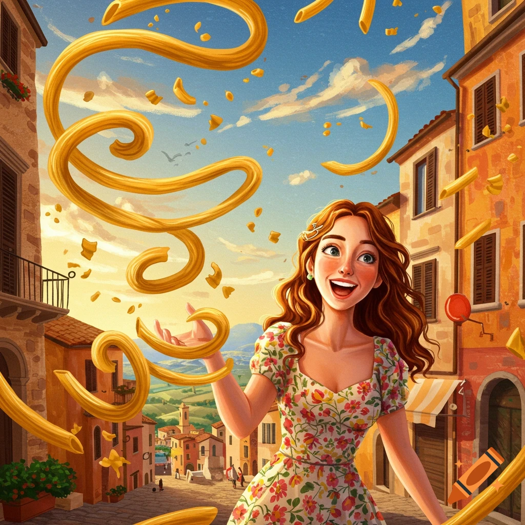 A smiling woman stands in an Italian street with large pasta shapes floating around her.