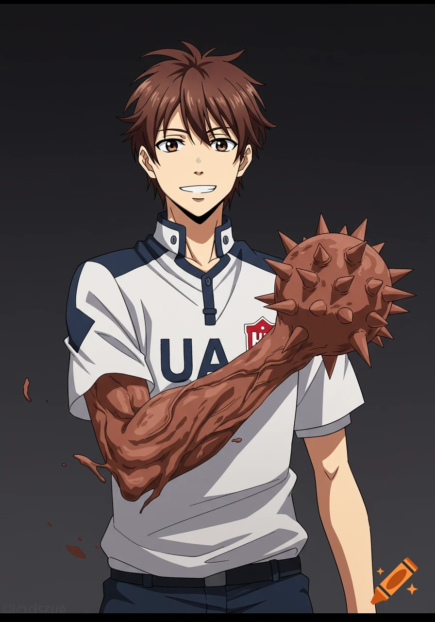 Anime male character smiling in a uniform with his right arm transformed into a spiked mace.