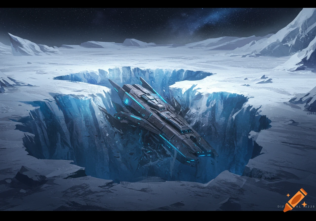 A dark spaceship stuck in a glowing blue ice crevasse in a snowy landscape under a starry sky.