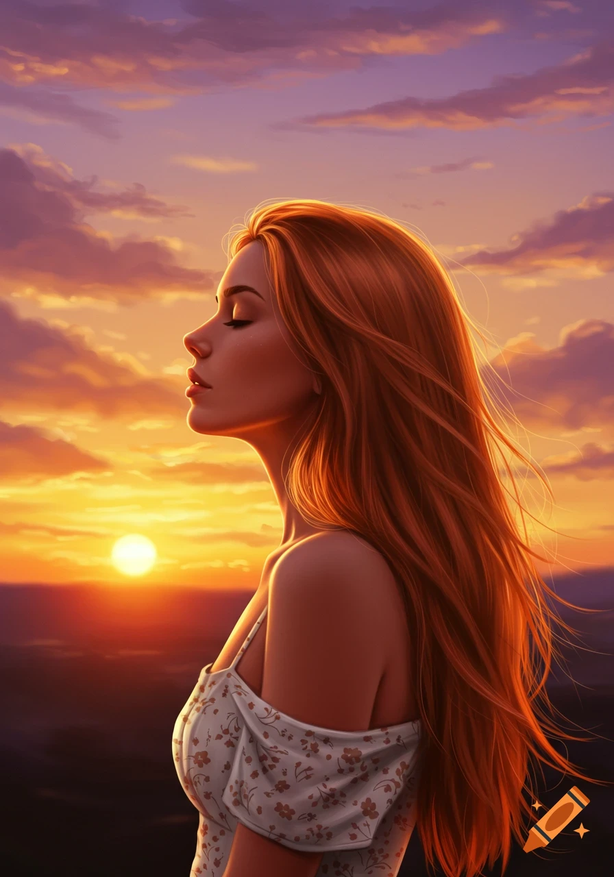 A woman with long red hair is looking at a sunset.