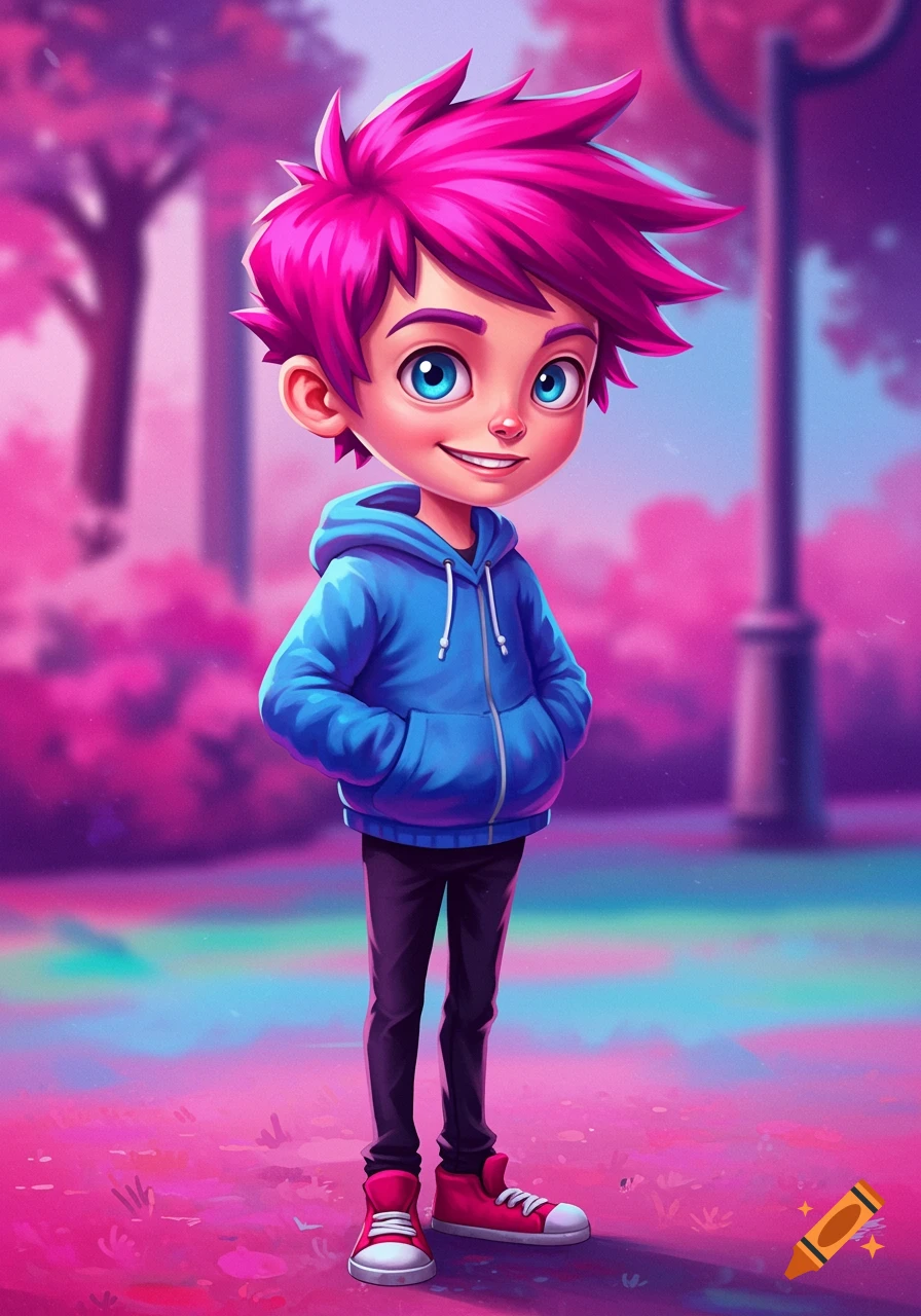 Cartoon boy with pink hair and blue hoodie in a vibrant park.