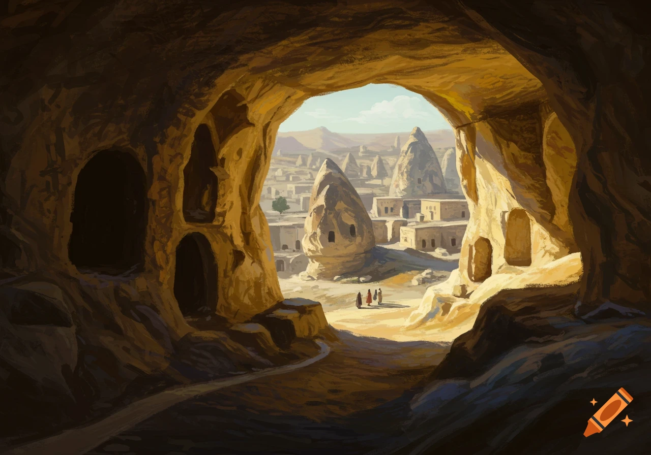 View from a cave looking out at a village among rock formations, with small figures in the foreground.