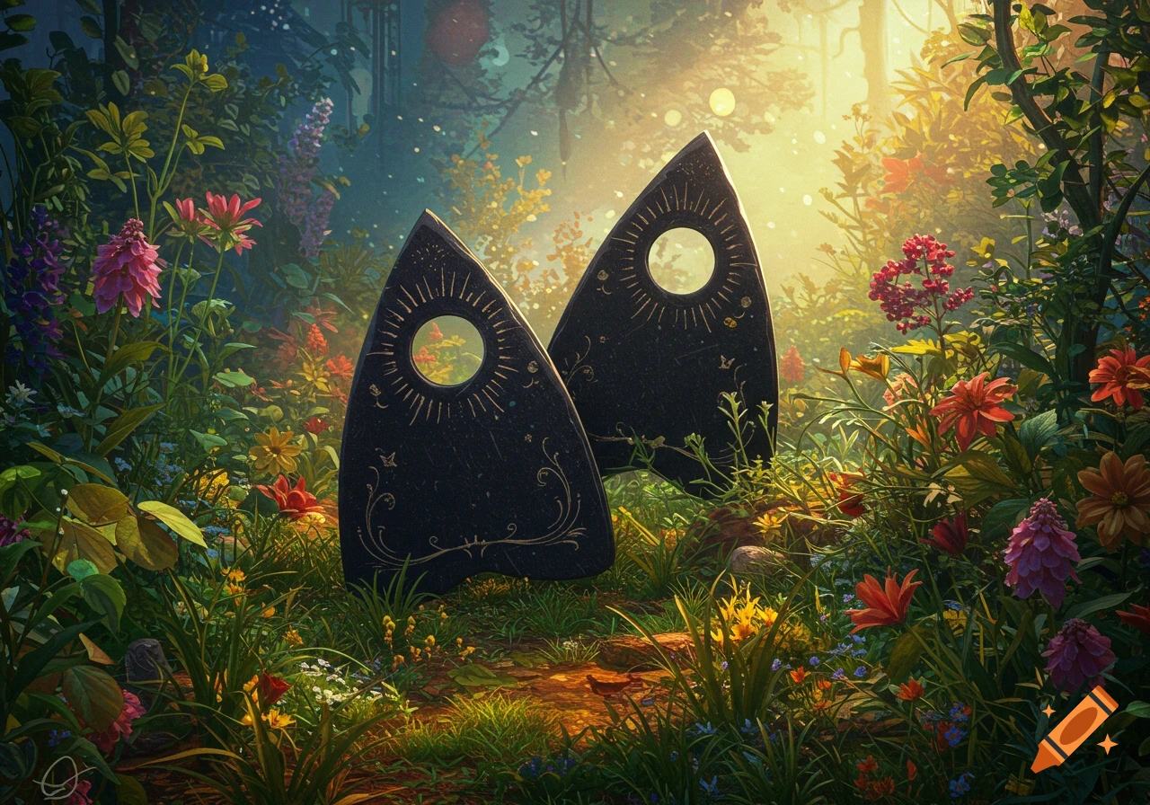 Two black Ouija planchettes in a sunlit forest clearing filled with colorful flowers and vegetation.