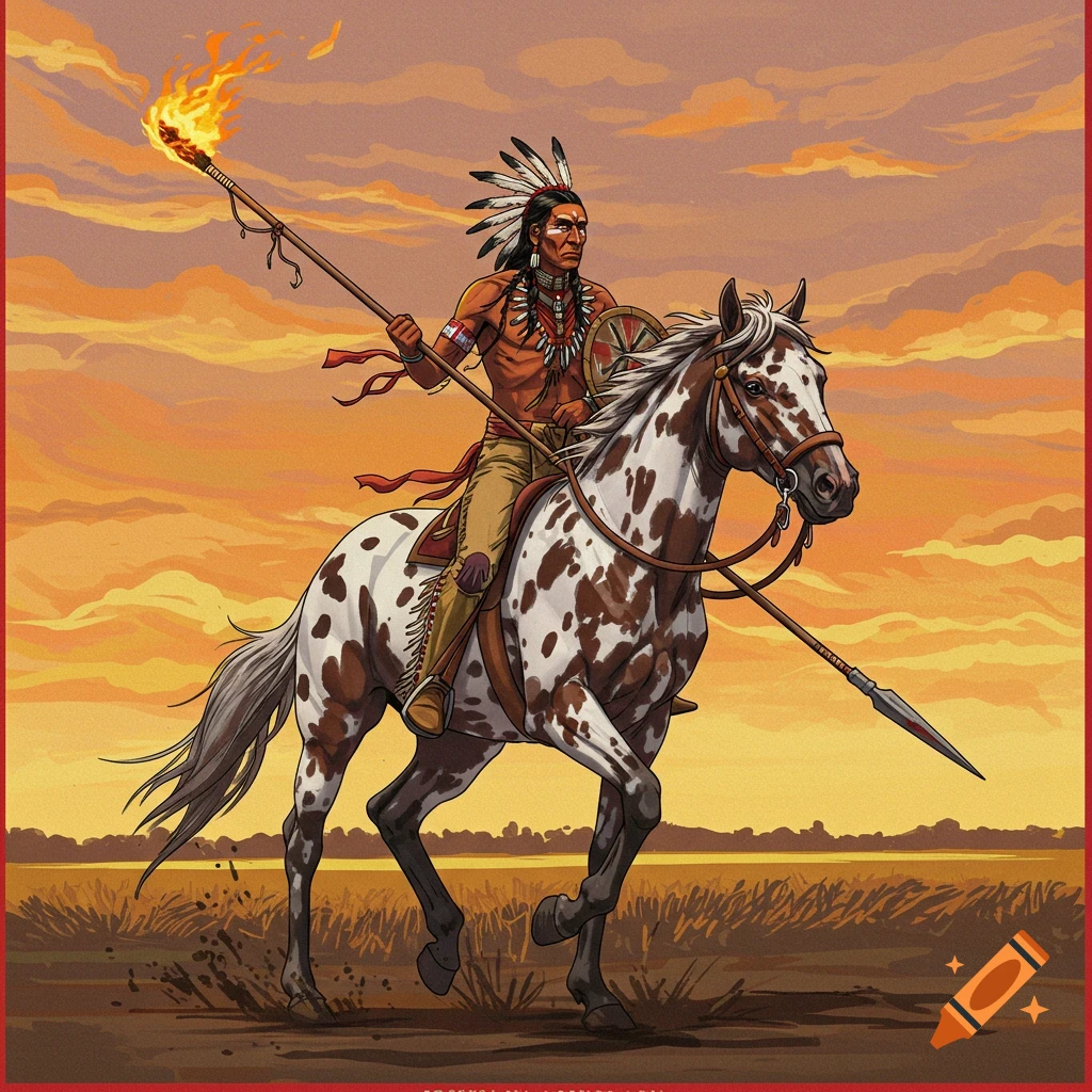 A Native American man riding an Appaloosa horse with a flaming spear at sunset.