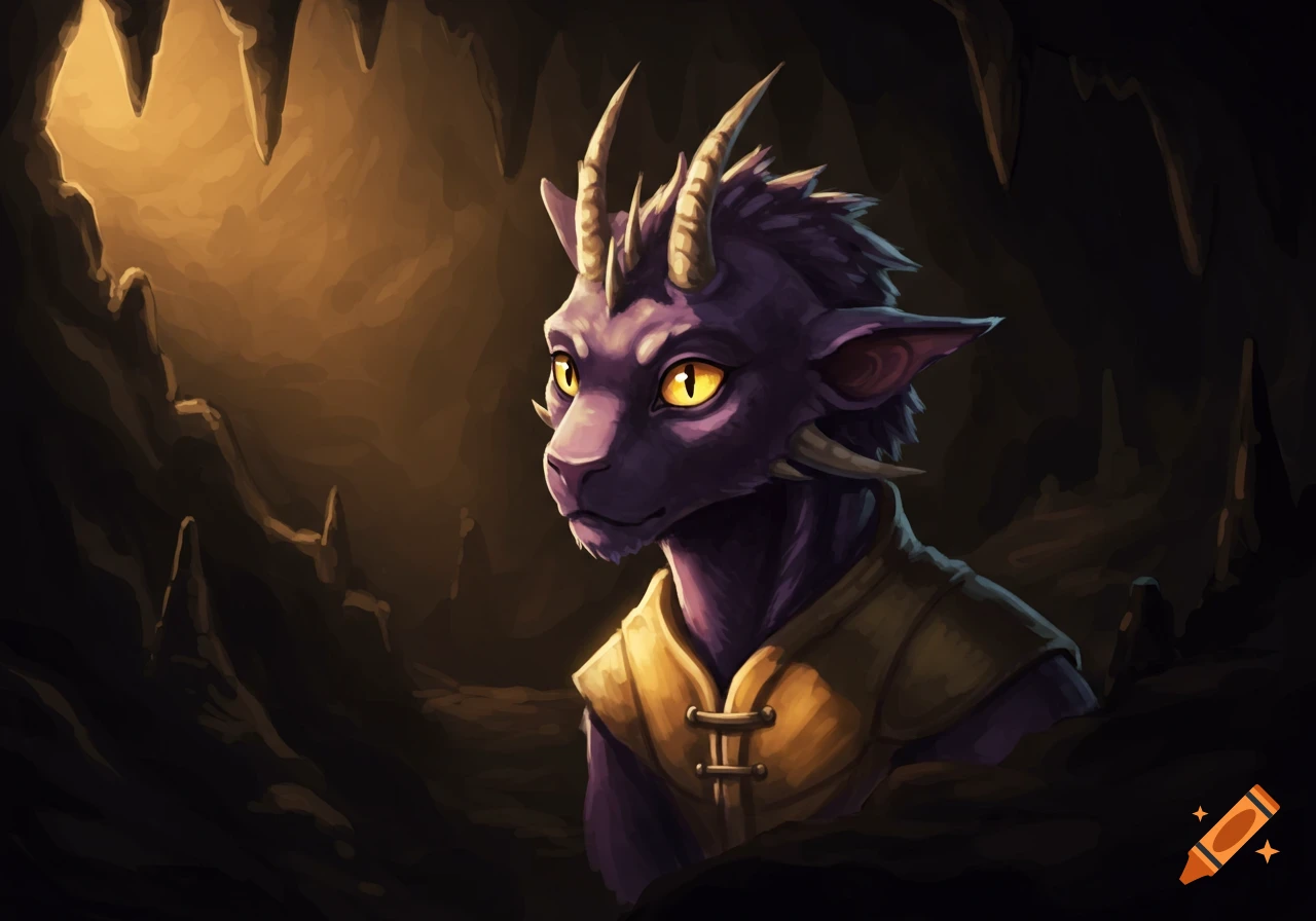 Purple fantasy creature with horns in a dark cave lit by a spotlight.