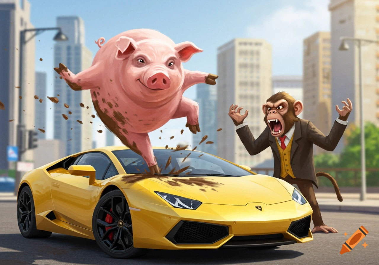 A muddy pig is standing on a yellow Lamborghini while a monkey in a suit stands nearby yelling in a city street.
