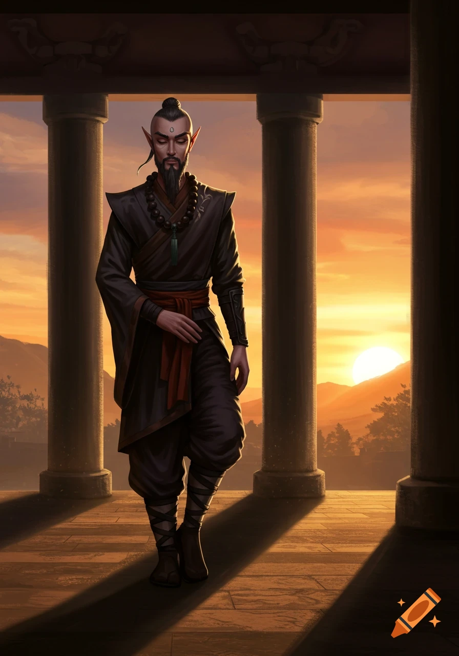 An elf monk in dark robes stands between columns at sunset.