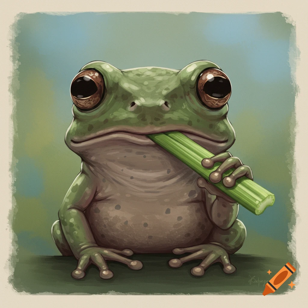 A cute green frog holds a piece of celery to its mouth.