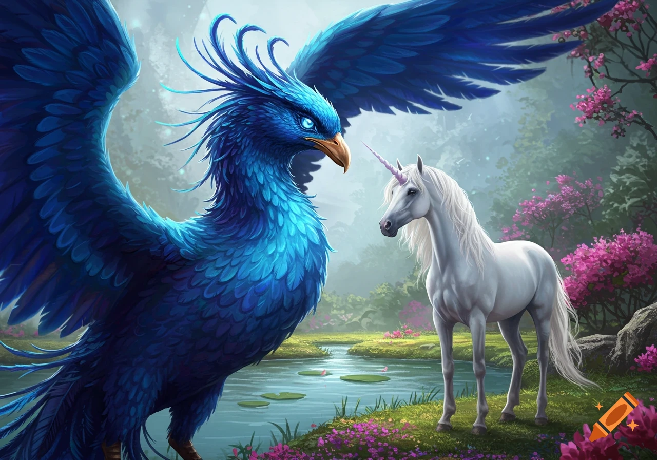 A large blue phoenix and a white unicorn face each other in a fantasy forest with pink flowers.