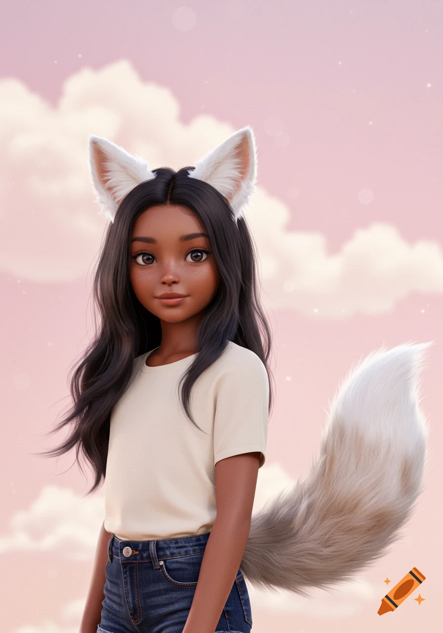 A fantasy portrait of a girl with fox ears and tail against a pink sky.
