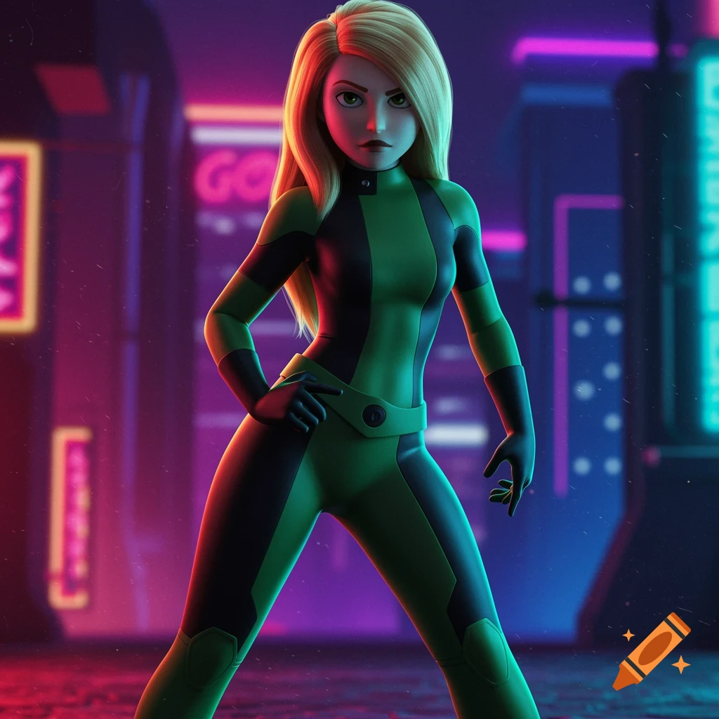 A 3D rendered character resembling Kim Possible in a green and black suit stands in a dramatic pose against a neon city background.