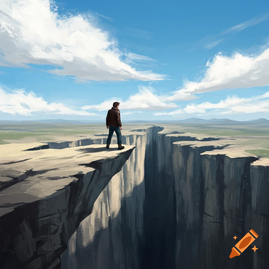 A man stands on the edge of a tall cliff looking at a vast landscape