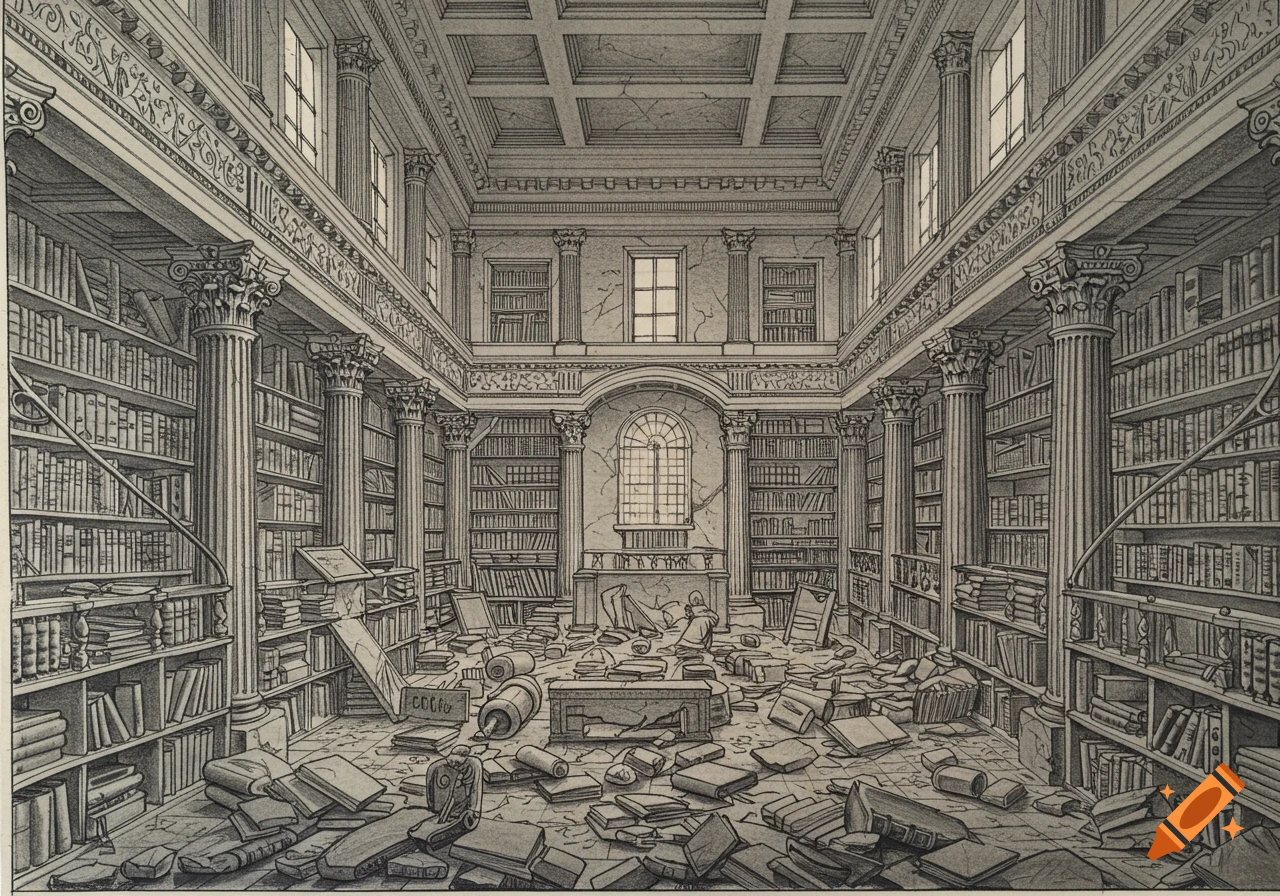 Intricate hand-drawn sketch of a chaotic, destroyed library with books strewn everywhere and light entering through windows.