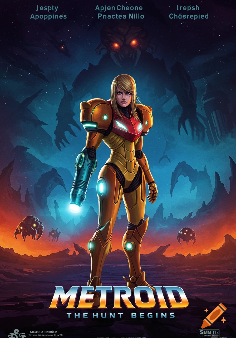 Samus Aran in her Varia Suit stands on an alien planet in a Metroid movie poster.