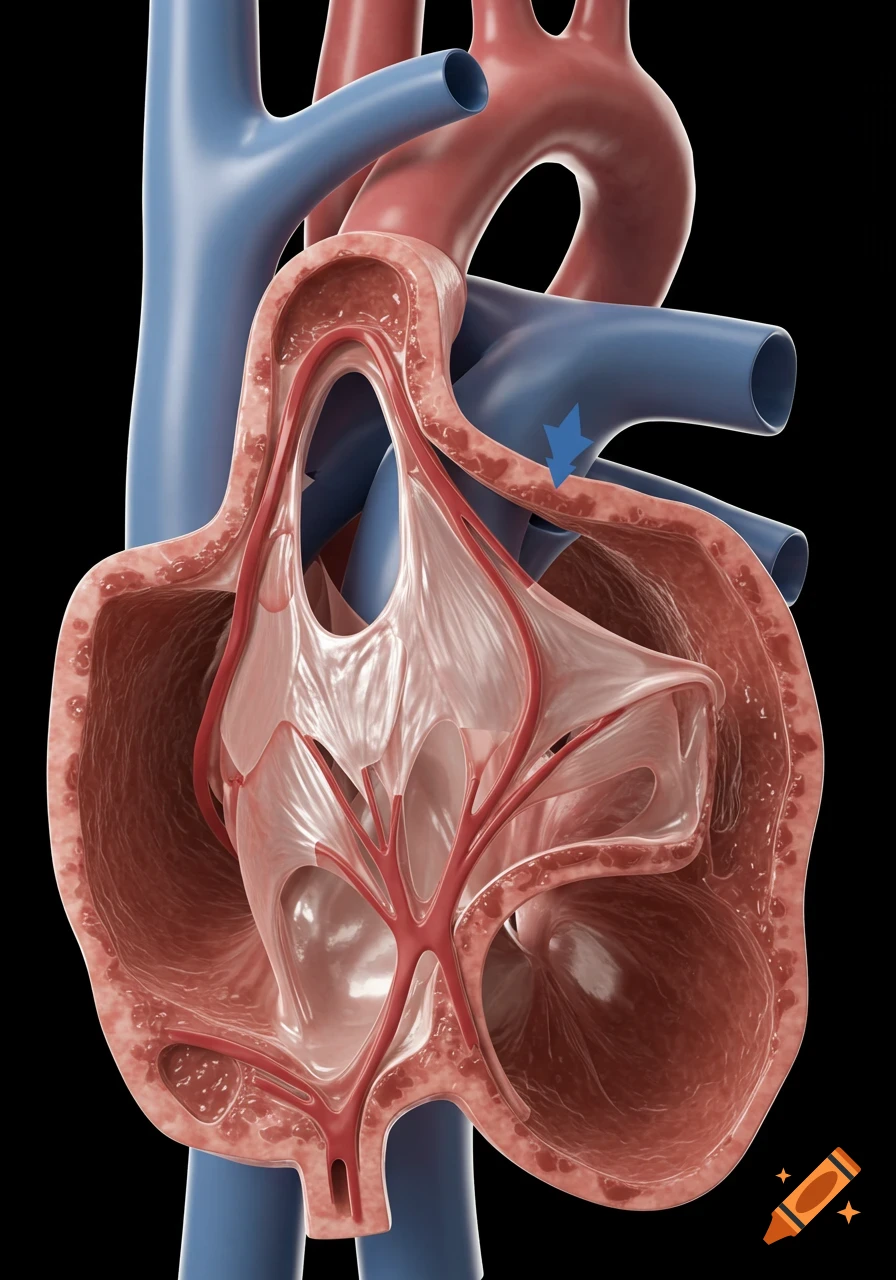 3D medical illustration of a cross-section of the tricuspid heart valve and surrounding vessels.