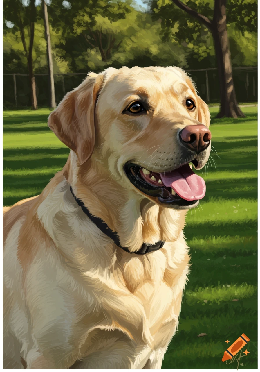 A golden Labrador sitting in a grassy park.