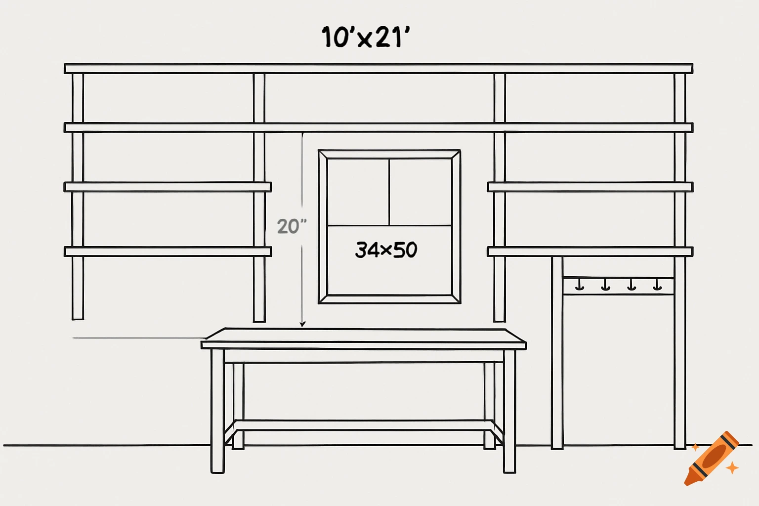 Line drawing of a garage shelving and workbench plan with dimensions.