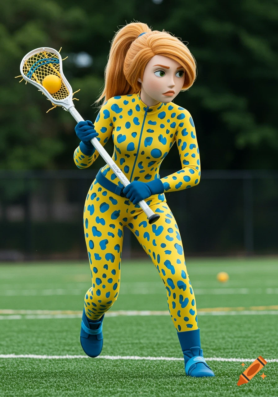 Cartoon character in yellow cheetah suit plays lacrosse on a field.