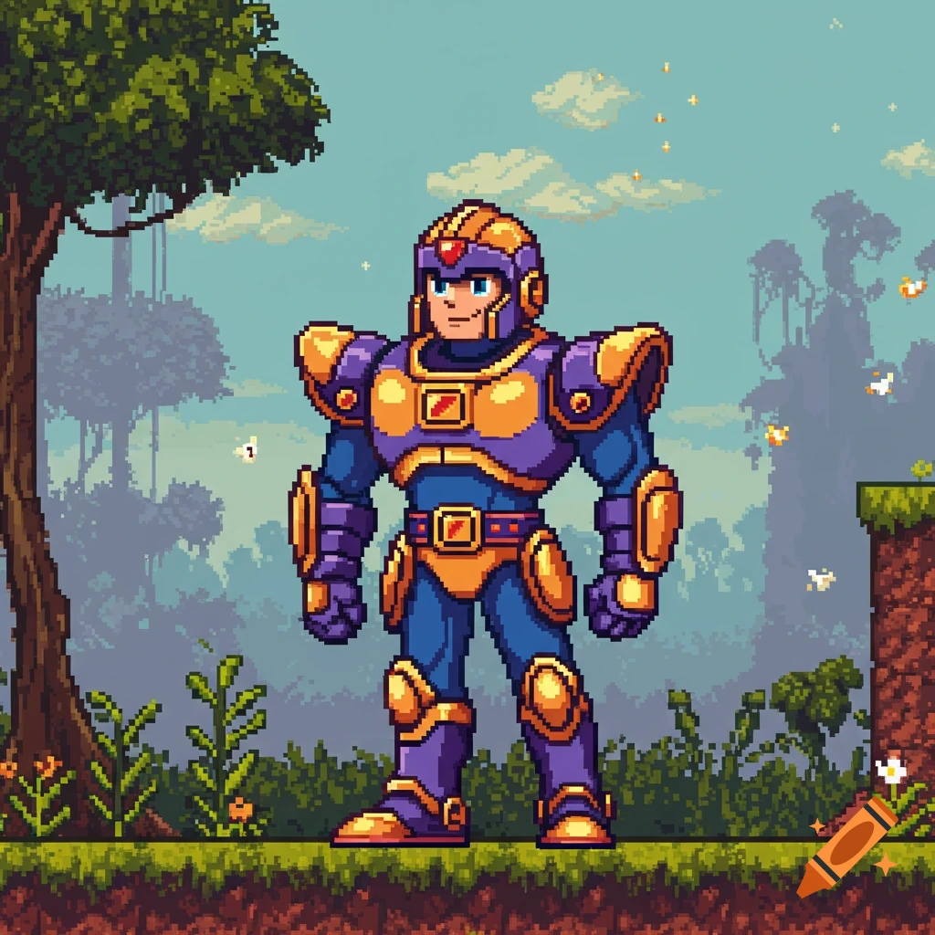Pixel art character in blue and purple armor standing in a forest.