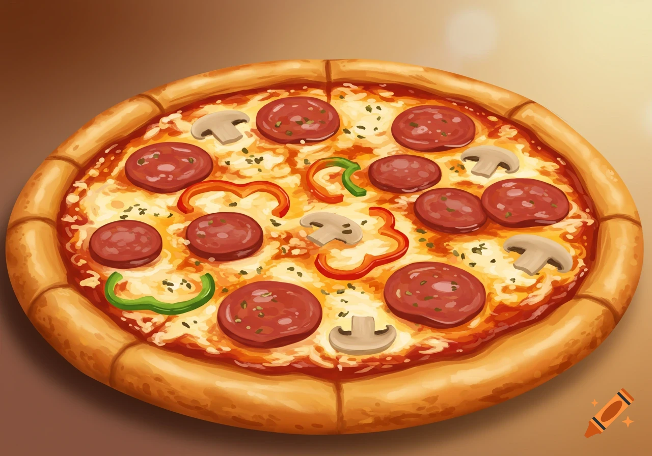 A pepperoni, mushroom, and pepper pizza.