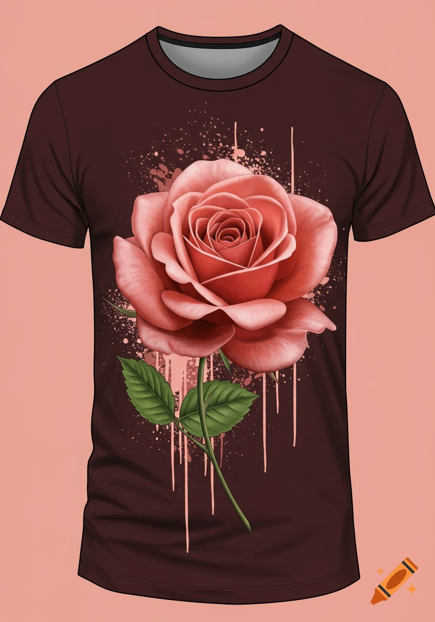 A large pink rose and stem with paint splatters and drips is printed on a dark brown t-shirt.