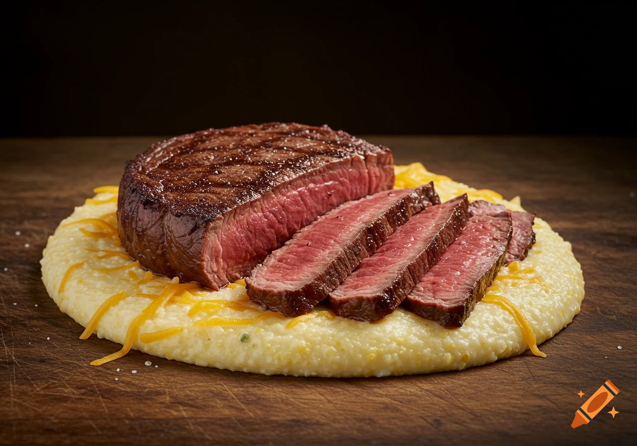 Sliced medium-rare steak on a bed of cheese grits.