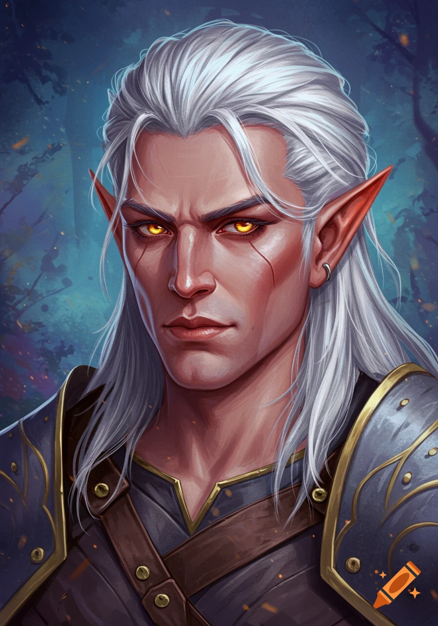 Portrait of a fantasy man with silver hair, golden eyes, and pointed ears, wearing armor.