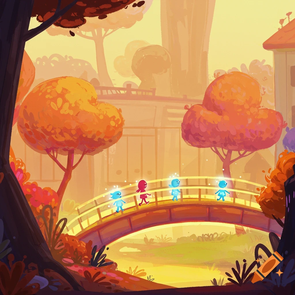 Colorful stylized characters walk across a bridge over a stream in a vibrant, warm fantasy forest landscape.