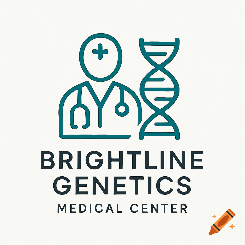 A logo featuring a stylized doctor figure, a DNA helix, and the text 'Brightline Genetics Medical Center'.
