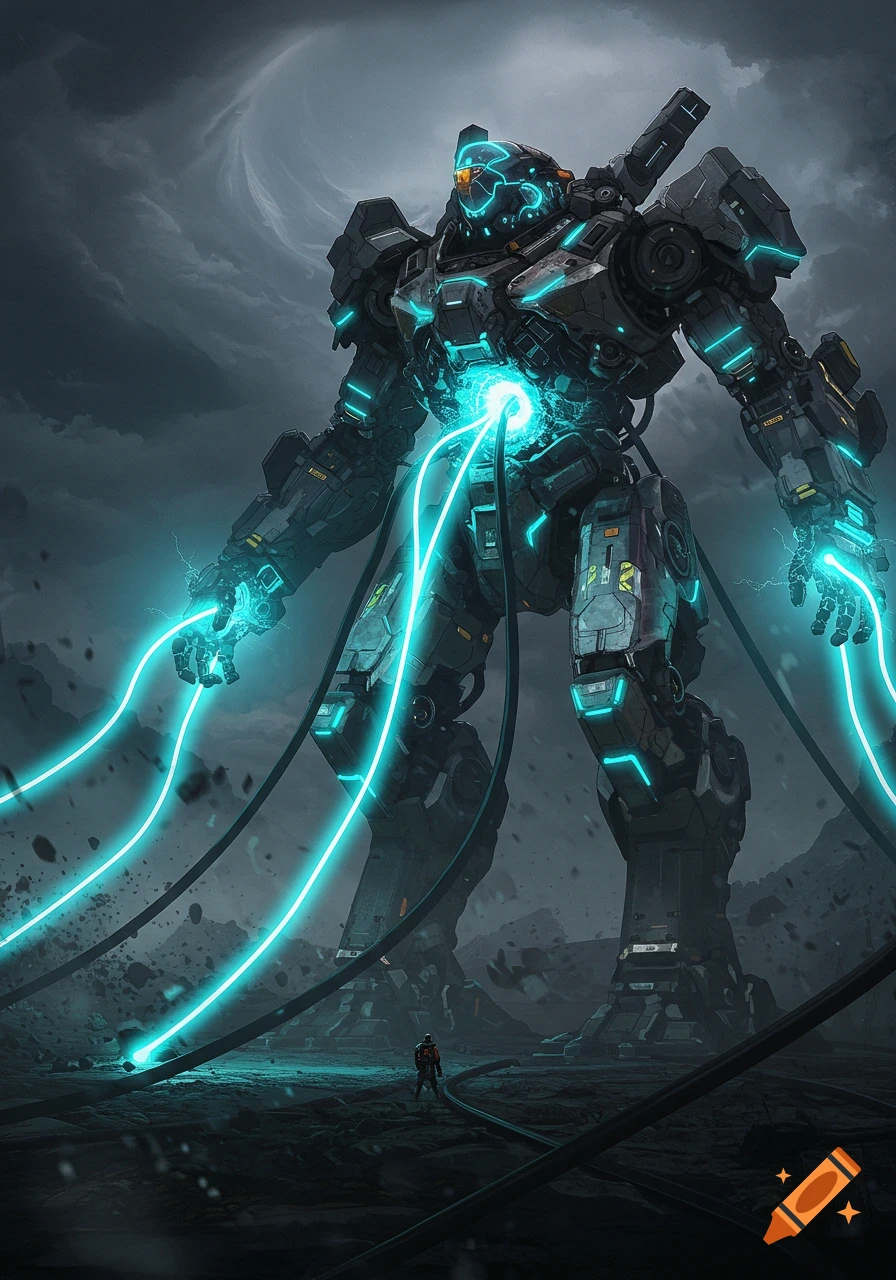 A giant robot stands in a dark, stormy landscape, emitting blue energy from its core and hands.