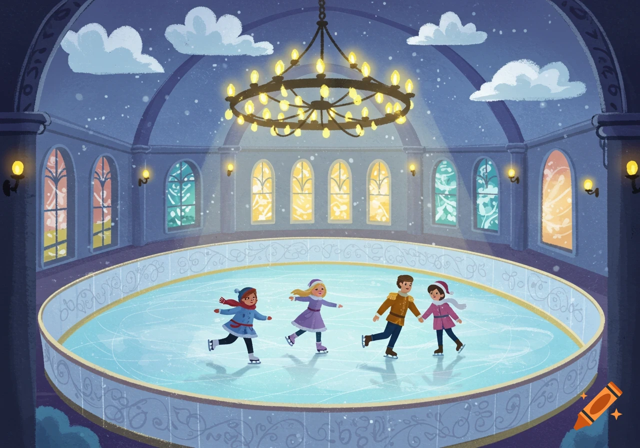Cartoon illustration of people ice skating on a rink inside a castle ballroom with a chandelier and snowy windows.
